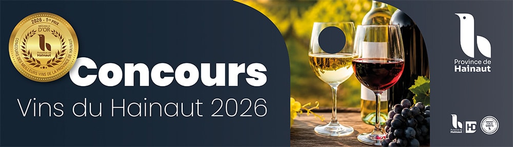 bannerVins2026 Bannière « Concours Vins du Hainaut 2026 » de la Province de Hainaut : médaille d’or, verres de vin blanc et rouge, bouteilles et grappes de raisin
